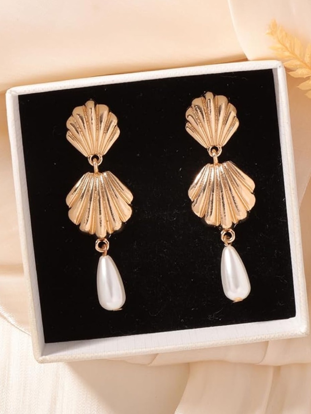 Zara Gold Shell Drop Earrings with White Pearl Teardrops